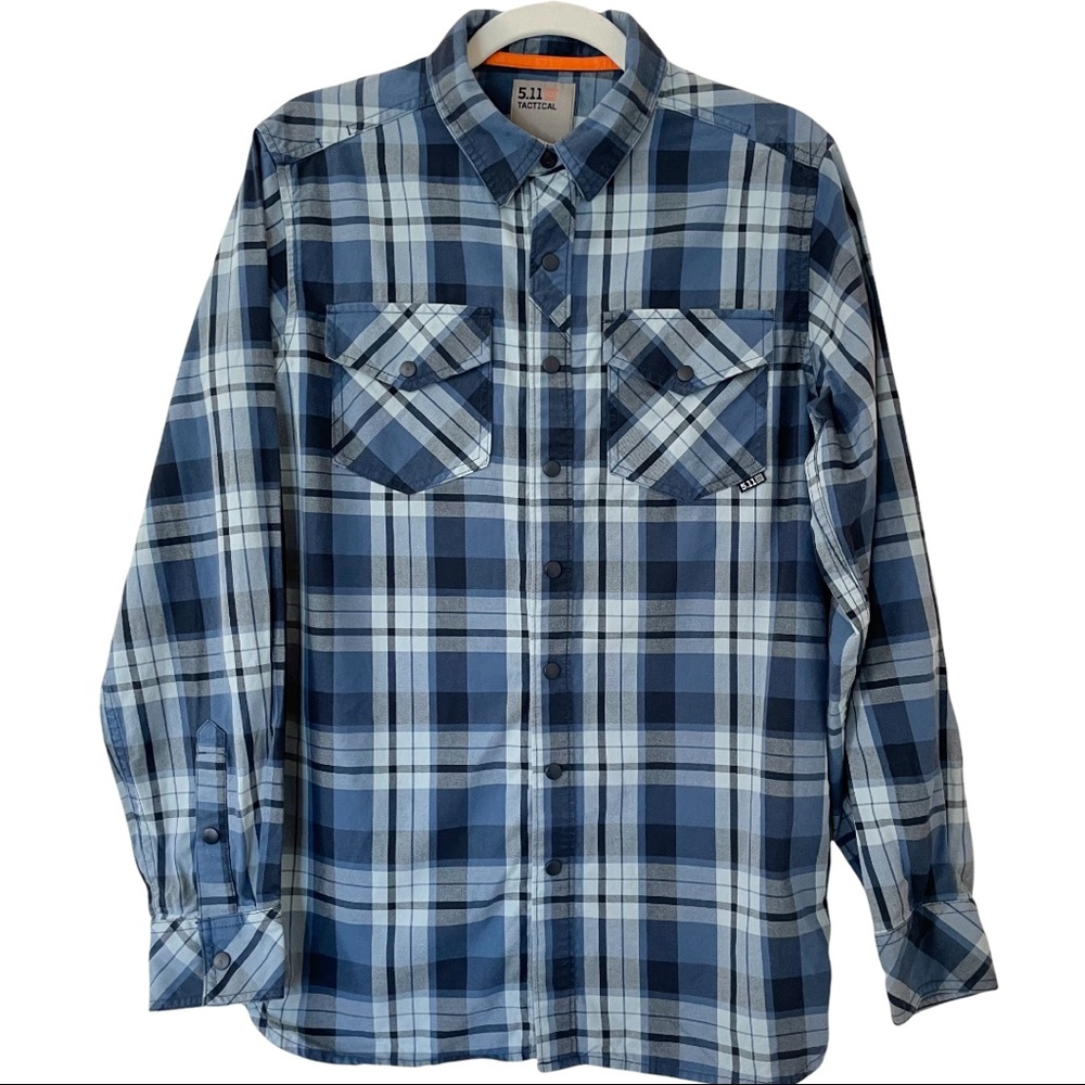 5.11 Tactical Plaid Snap Button Long Sleeve Shirt, Mens size Small. Blue